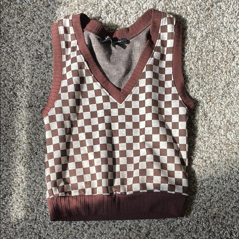 Brown and Cream Checkered Sweater Vest